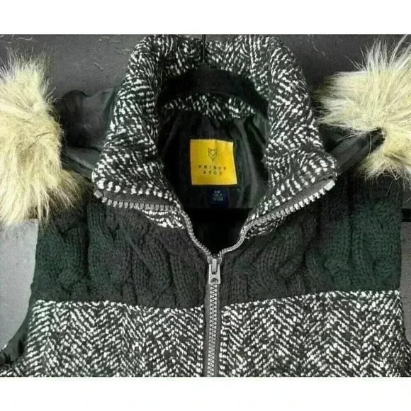 Prince & Fox Vest Cable Knit Tweed Zipper Front Hooded Faux Fur Winter SP - Picture 3 of 6
